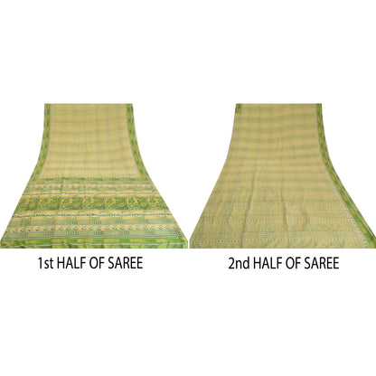Sanskriti Vintage Sarees Cream/Green Pure Crepe Silk Printed Sari Craft Sustainable Fabric