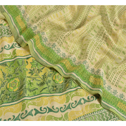 Sanskriti Vintage Sarees Cream/Green Pure Crepe Silk Printed Sari Craft Sustainable Fabric