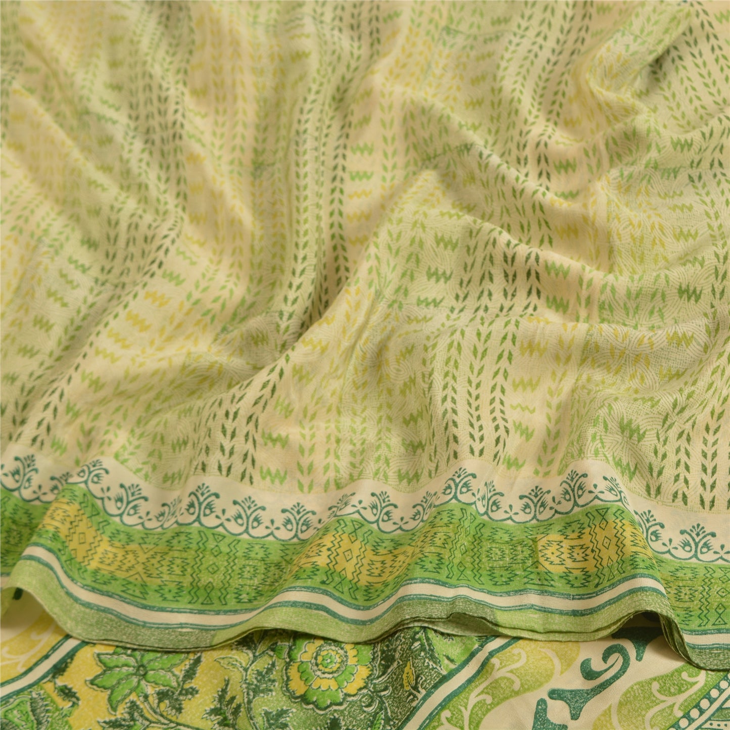 Sanskriti Vintage Sarees Cream/Green Pure Crepe Silk Printed Sari Craft Sustainable Fabric
