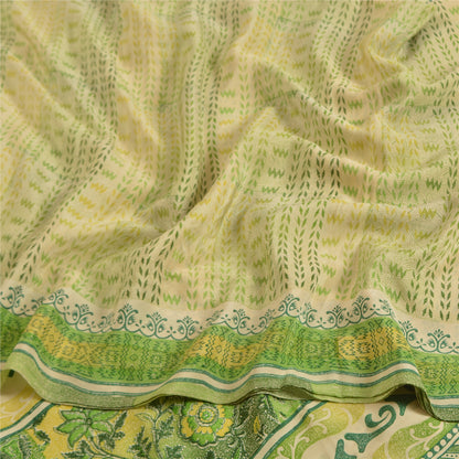 Sanskriti Vintage Sarees Cream/Green Pure Crepe Silk Printed Sari Craft Sustainable Fabric