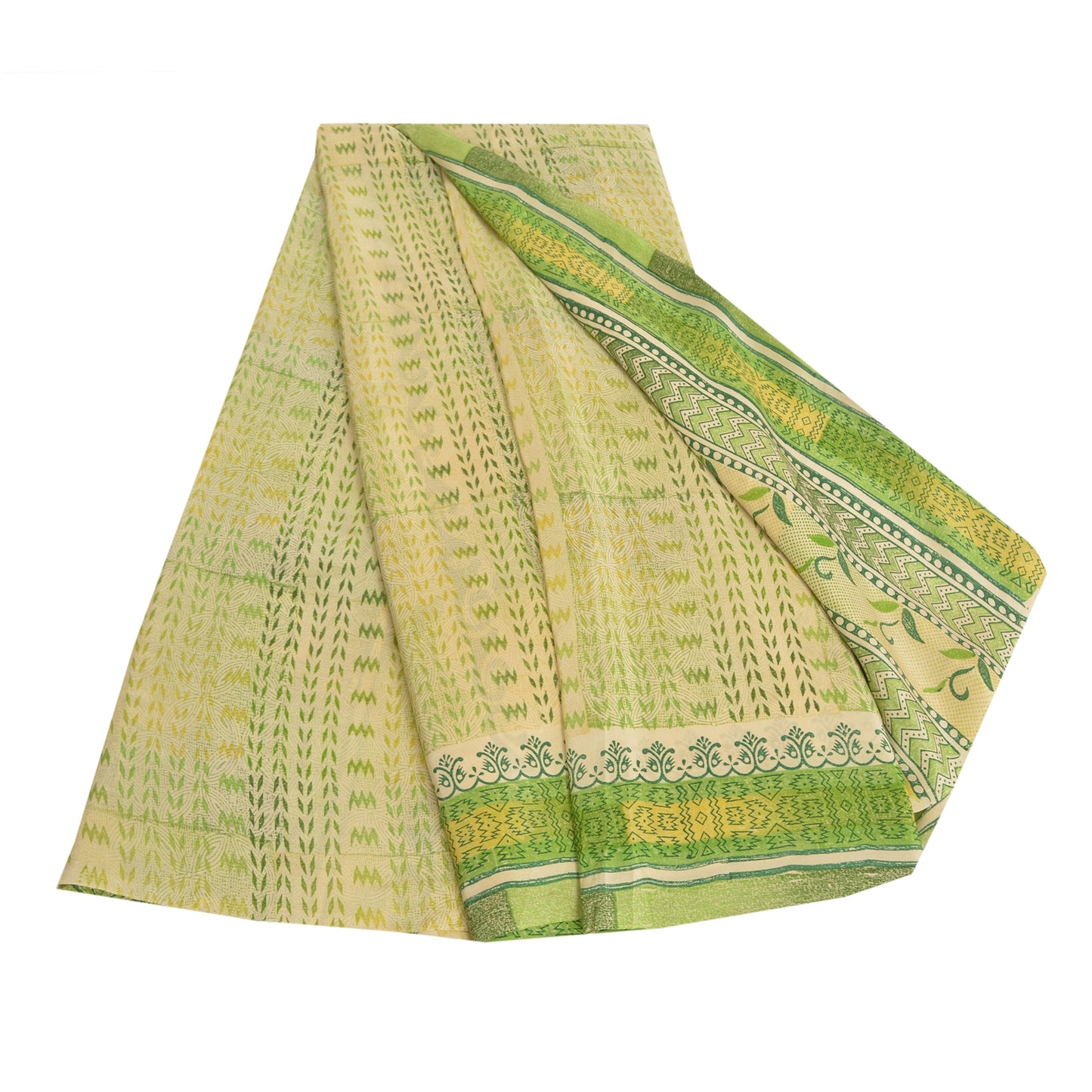 Sanskriti Vintage Sarees Cream/Green Pure Crepe Silk Printed Sari Craft Sustainable Fabric