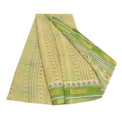 Sanskriti Vintage Sarees Cream/Green Pure Crepe Silk Printed Sari Craft Sustainable Fabric