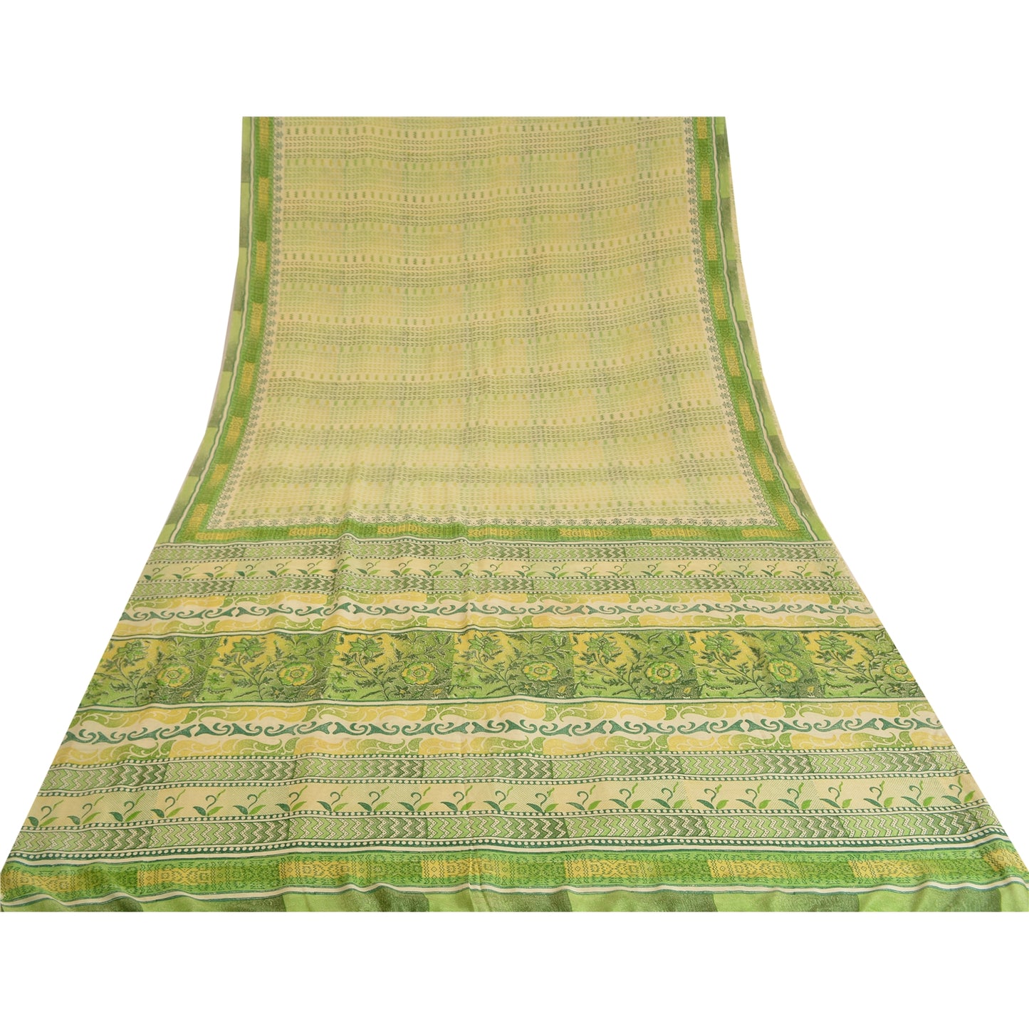 Sanskriti Vintage Sarees Cream/Green Pure Crepe Silk Printed Sari Craft Sustainable Fabric