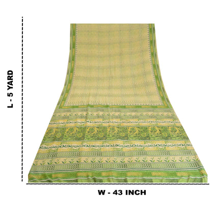 Sanskriti Vintage Sarees Cream/Green Pure Crepe Silk Printed Sari Craft Sustainable Fabric