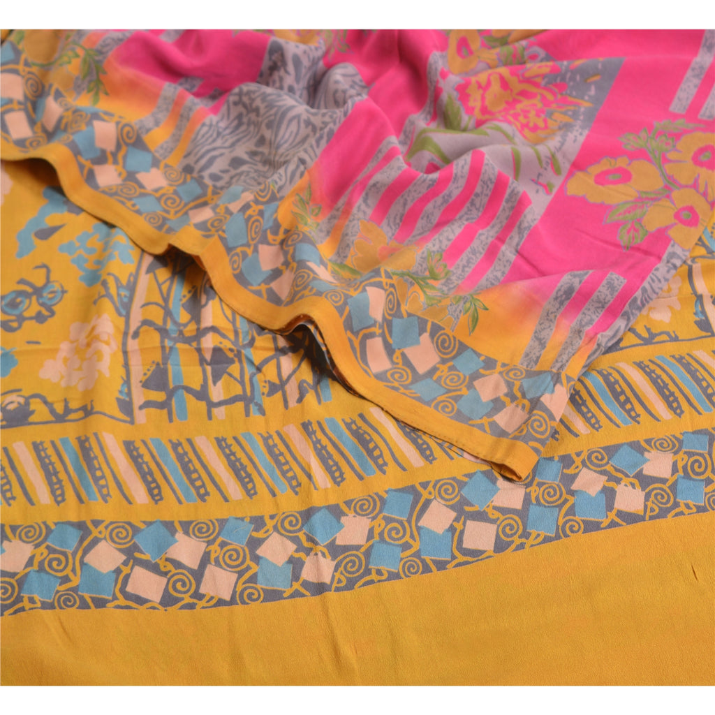 Sanskriti Vintage Sarees Pink/Saffron Pure Crepe Silk Printed Sari Craft Sustainable Fabric