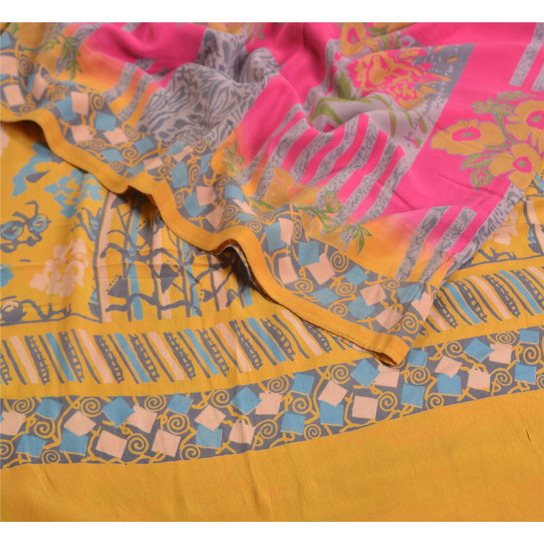 Sanskriti Vintage Sarees Pink/Saffron Pure Crepe Silk Printed Sari Craft Fabric