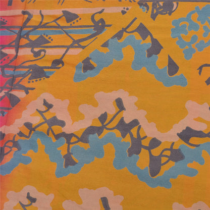 Sanskriti Vintage Sarees Pink/Saffron Pure Crepe Silk Printed Sari Craft Sustainable Fabric