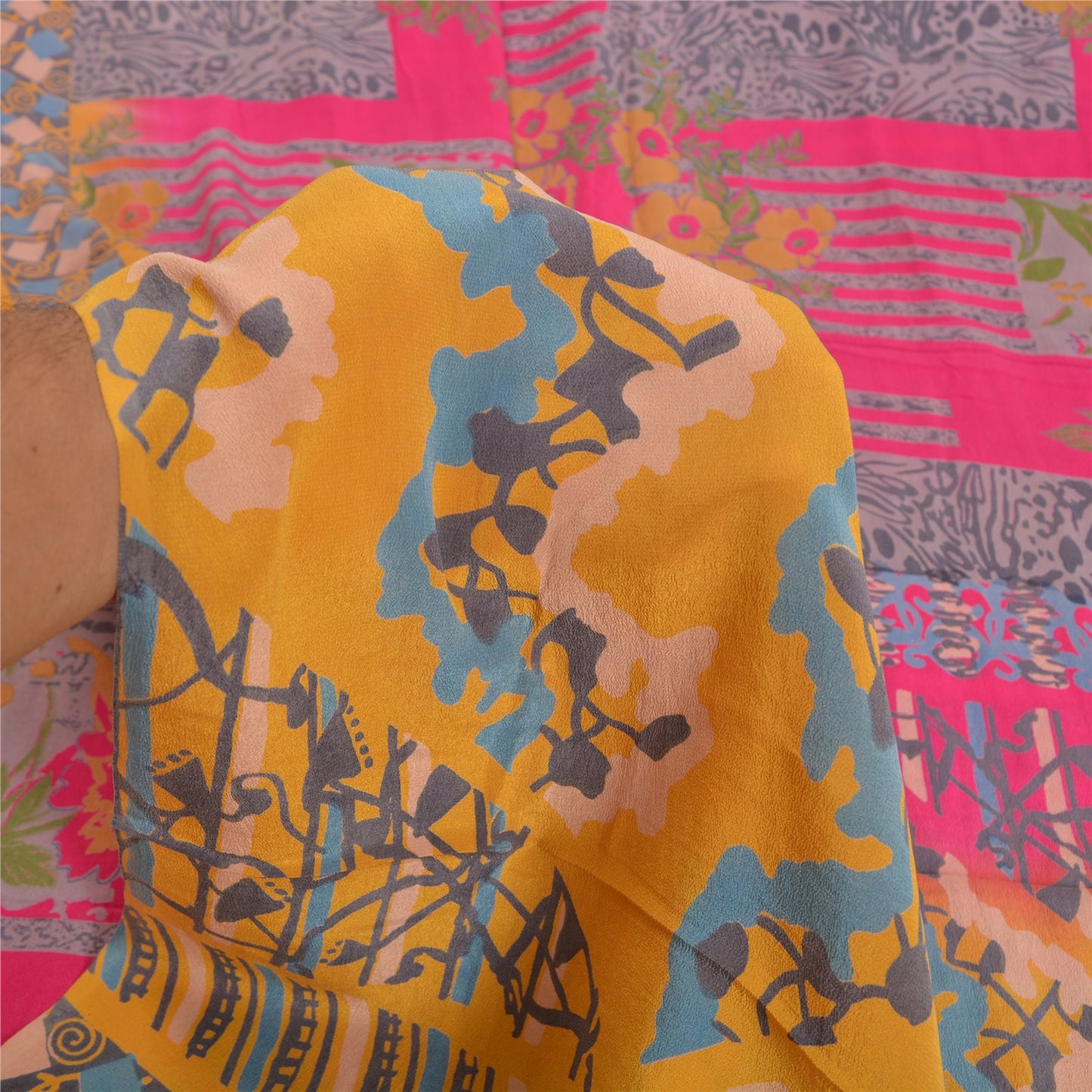 Sanskriti Vintage Sarees Pink/Saffron Pure Crepe Silk Printed Sari Craft Sustainable Fabric