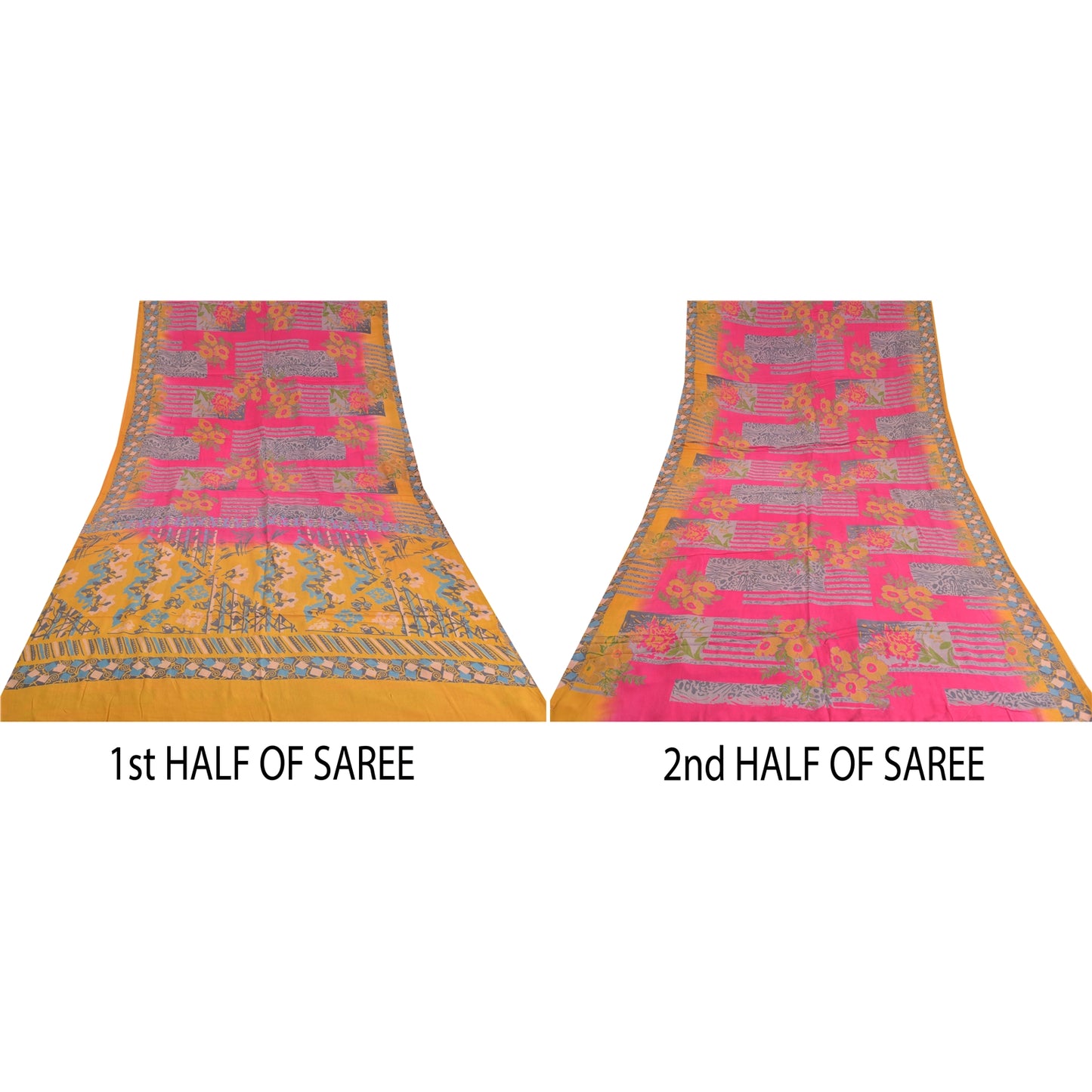 Sanskriti Vintage Sarees Pink/Saffron Pure Crepe Silk Printed Sari Craft Sustainable Fabric