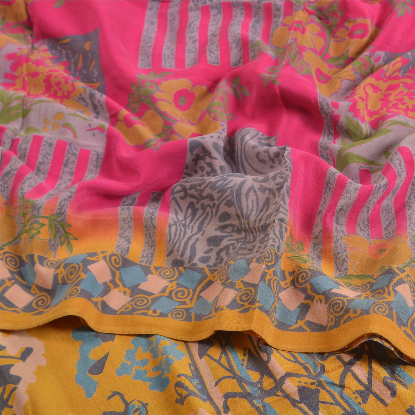 Sanskriti Vintage Sarees Pink/Saffron Pure Crepe Silk Printed Sari Craft Sustainable Fabric