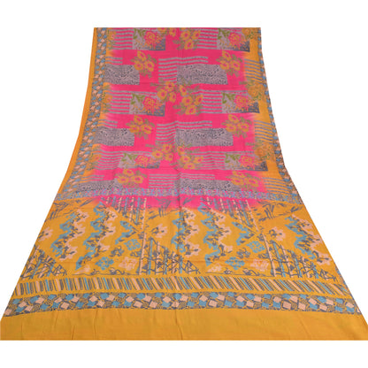 Sanskriti Vintage Sarees Pink/Saffron Pure Crepe Silk Printed Sari Craft Sustainable Fabric