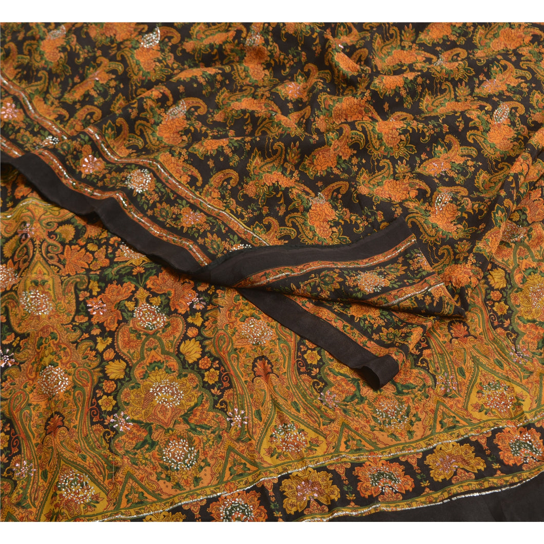 Sanskriti Vintage Sarees Black Printed Sparkle Pure Crepe Silk Sari Craft Fabric