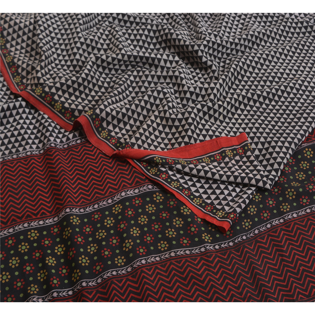Sanskriti Vintage Sarees Black/Gray Pure Crepe Silk Printed Sari Craft Fabric
