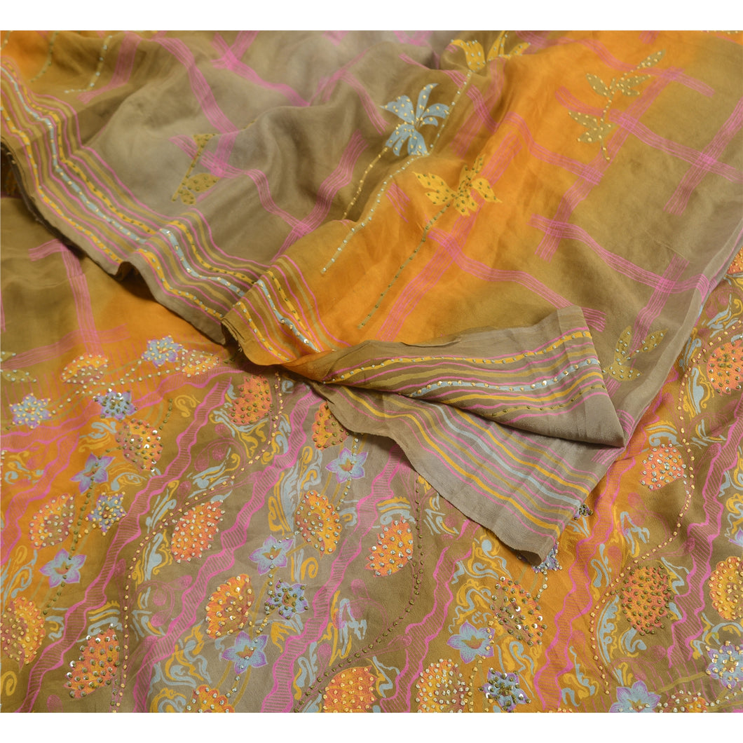Sanskriti Vintage Sarees French Knot Hand Beaded Pure Crepe Printed Sari Fabric