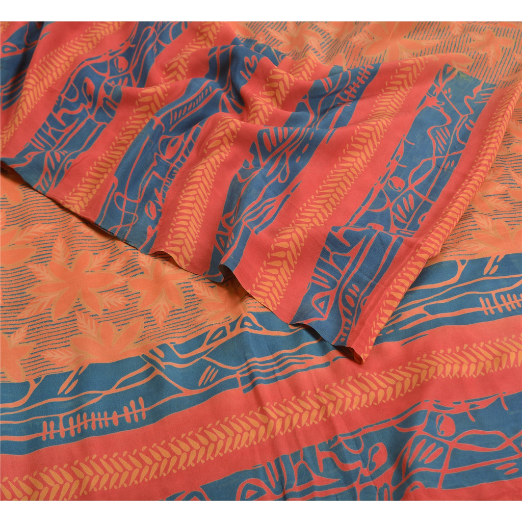 Sanskriti Vintage Sarees Peach 100% Pure Crepe Silk Printed Sari Craft Sustainable Fabric
