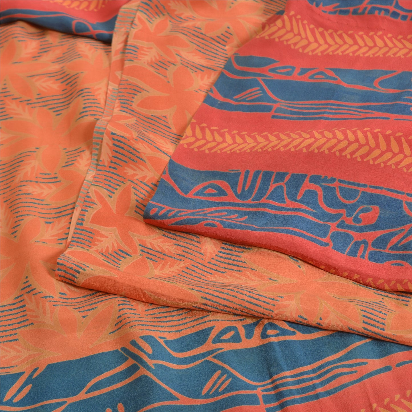 Sanskriti Vintage Sarees Peach 100% Pure Crepe Silk Printed Sari Craft Sustainable Fabric