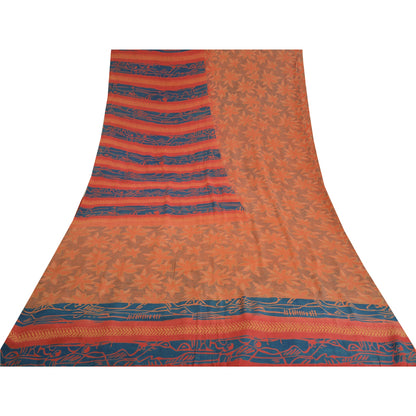 Sanskriti Vintage Sarees Peach 100% Pure Crepe Silk Printed Sari Craft Sustainable Fabric