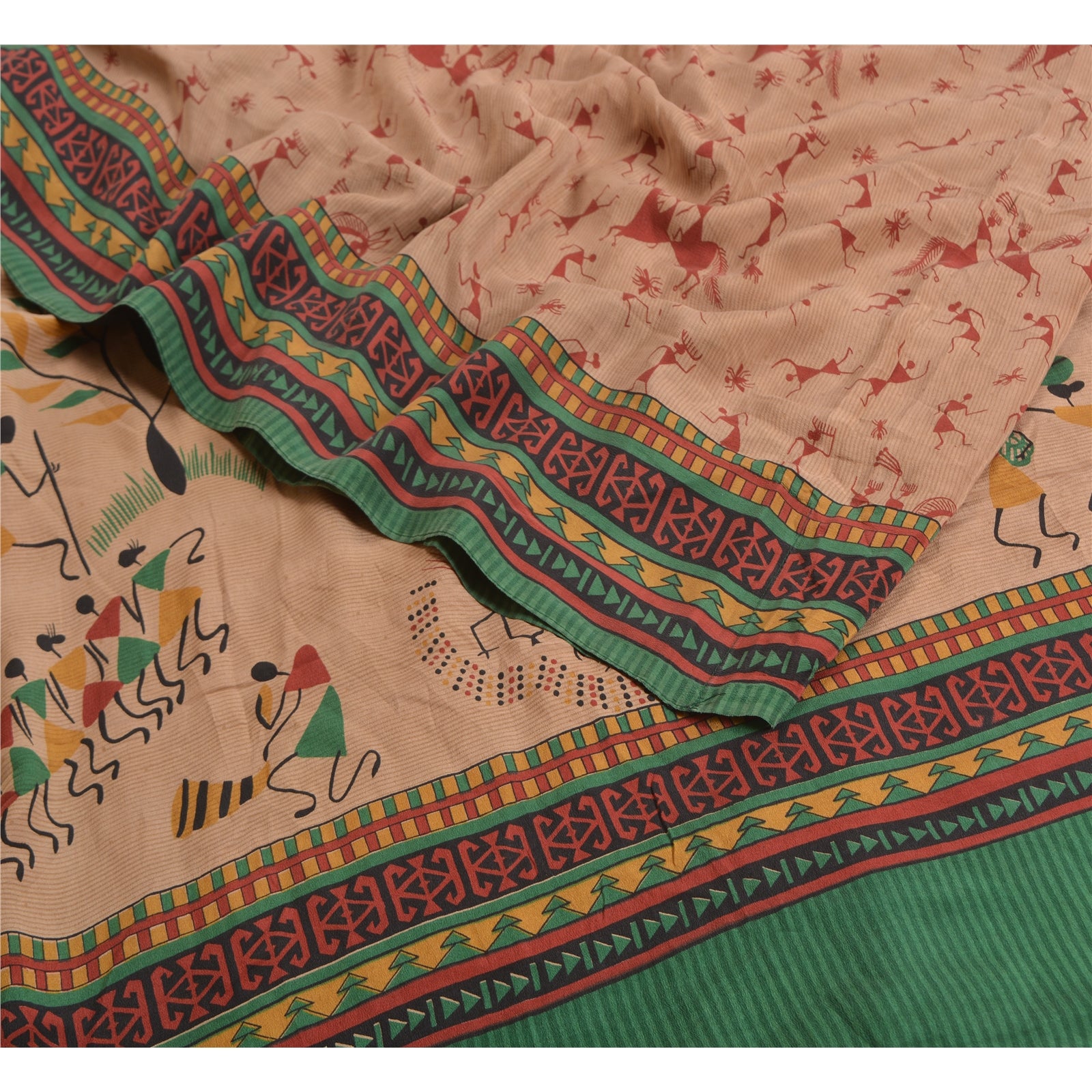 Sanskriti Vintage Sari Peach Warli Art Tribal Human Pattern Printed 100% Pure Crepe Silk Sarees 5+YD Craft Indian Heritage Textile Fabric Authentic