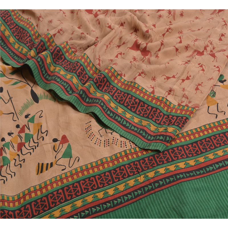 Sanskriti Vintage Sari Peach Warli Art Tribal Human Pattern Printed 100% Pure Crepe Silk Sarees 5+YD Craft Indian Heritage Textile Fabric Authentic