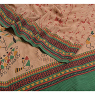 Sanskriti Vintage Sarees Peach Warli Art Print Pure Crepe Silk Sari Craft Fabric