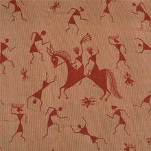 Load image into Gallery viewer, Sanskriti Vintage Sarees Peach Warli Art Print Pure Crepe Silk Sari Craft Fabric

