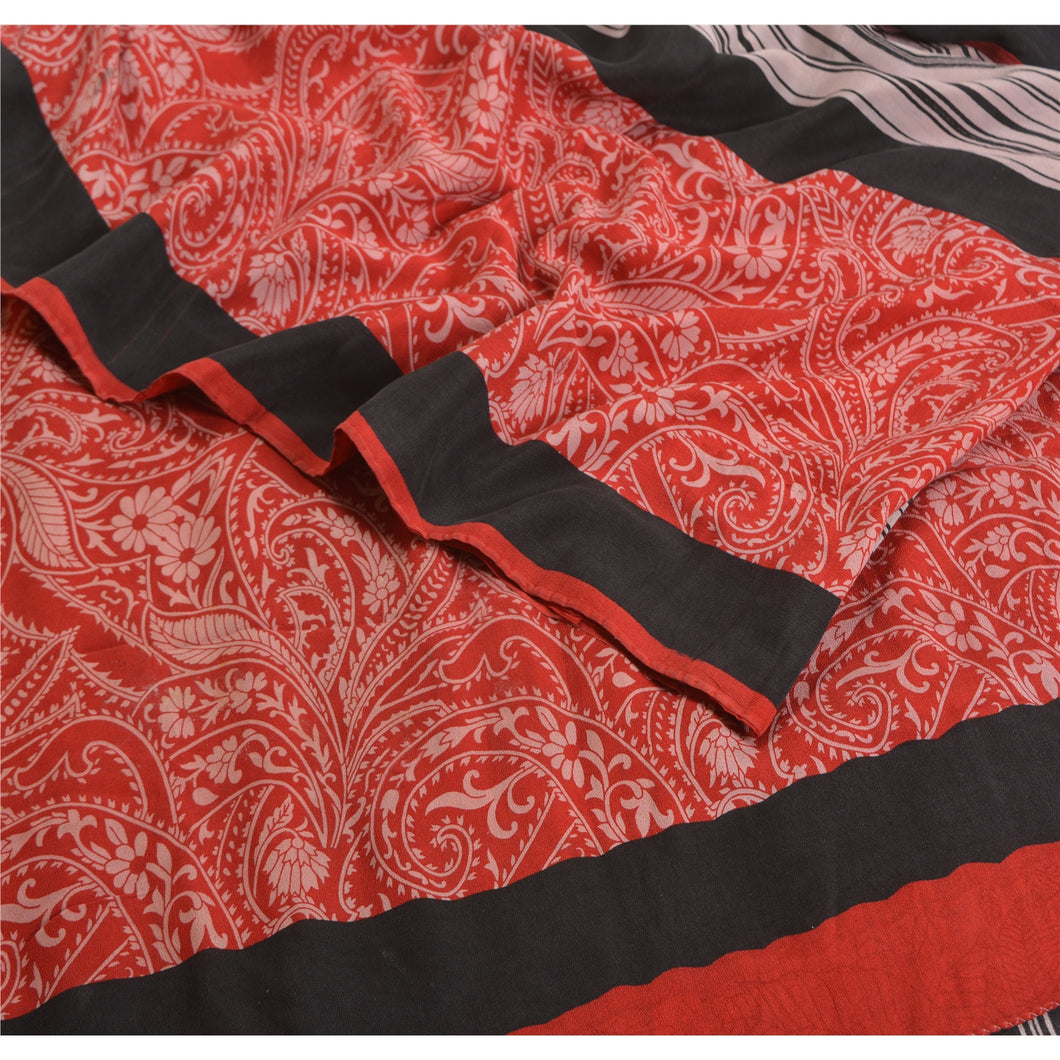 Sanskriti Vintage Sarees Black/Red Printed Pure Crepe Silk Sari 5yd Craft Fabric