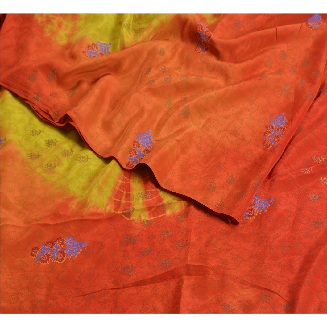 Sanskriti Vintage Sarees Indian Orange Tie-Dye Pure Crepe Silk Sari Craft Fabric