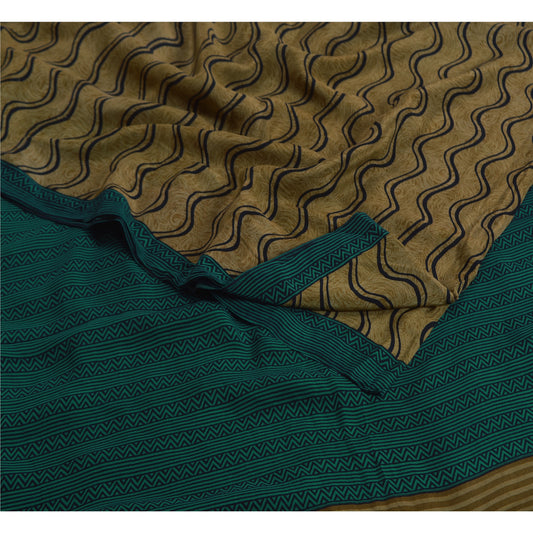 Sanskriti Vintage Sarees Green 100% Pure Crepe Silk Printed Sari Craft Sustainable Fabric