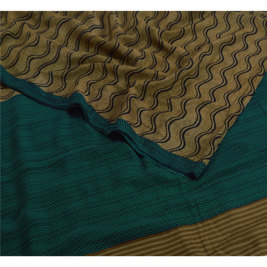 Sanskriti Vintage Sarees Green 100% Pure Crepe Silk Printed Sari Craft Sustainable Fabric