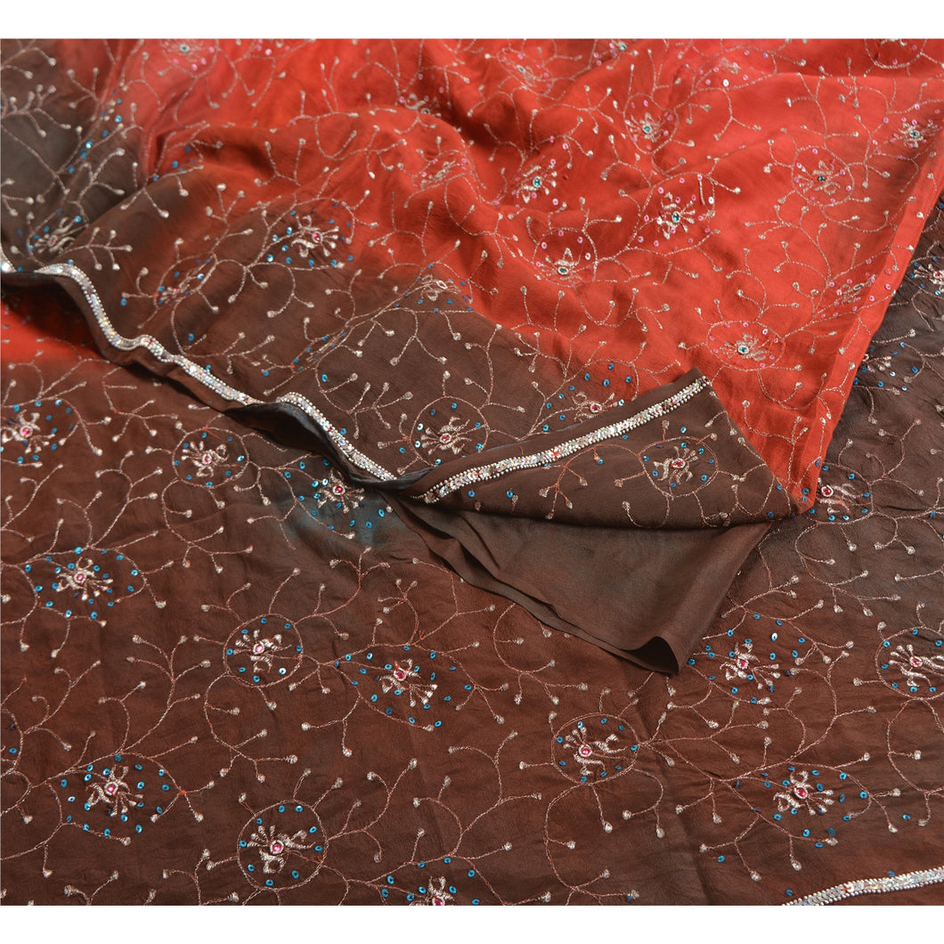 Sanskriti Vintage Sarees Red/Brown Tie-Dye Hand Beaded Pure Crepe Sari Fabric