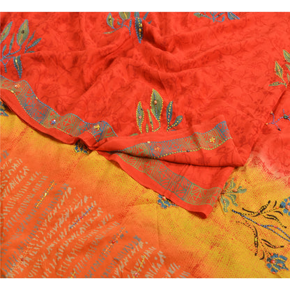 Sanskriti Vintage Sarees Red/Yellow Hand Beaded Printed Pure Crepe Sari Sustainable Fabric