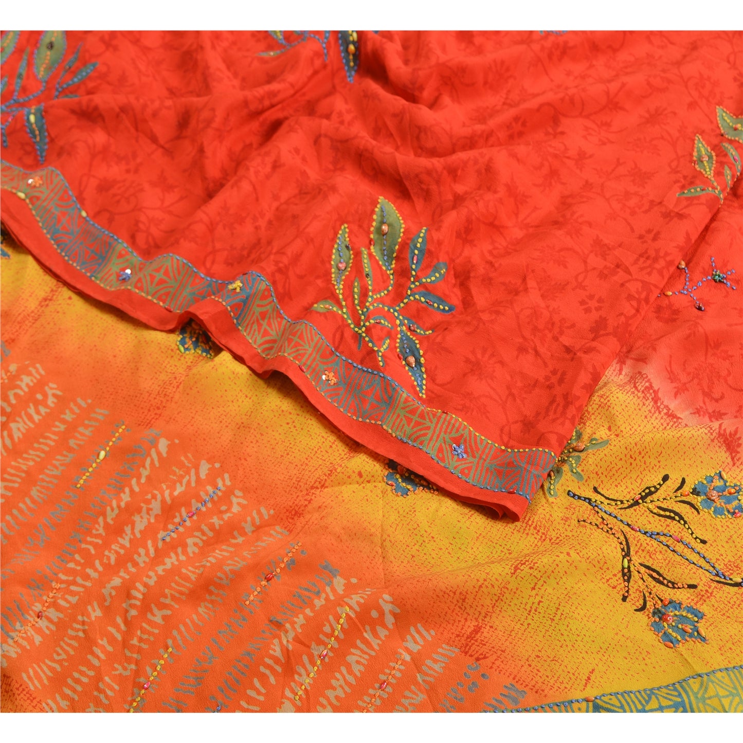 Sanskriti Vintage Sarees Red/Yellow Hand Beaded Printed Pure Crepe Sari Sustainable Fabric