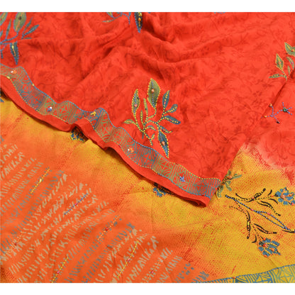 Sanskriti Vintage Sarees Red/Yellow Hand Beaded Printed Pure Crepe Sari Sustainable Fabric