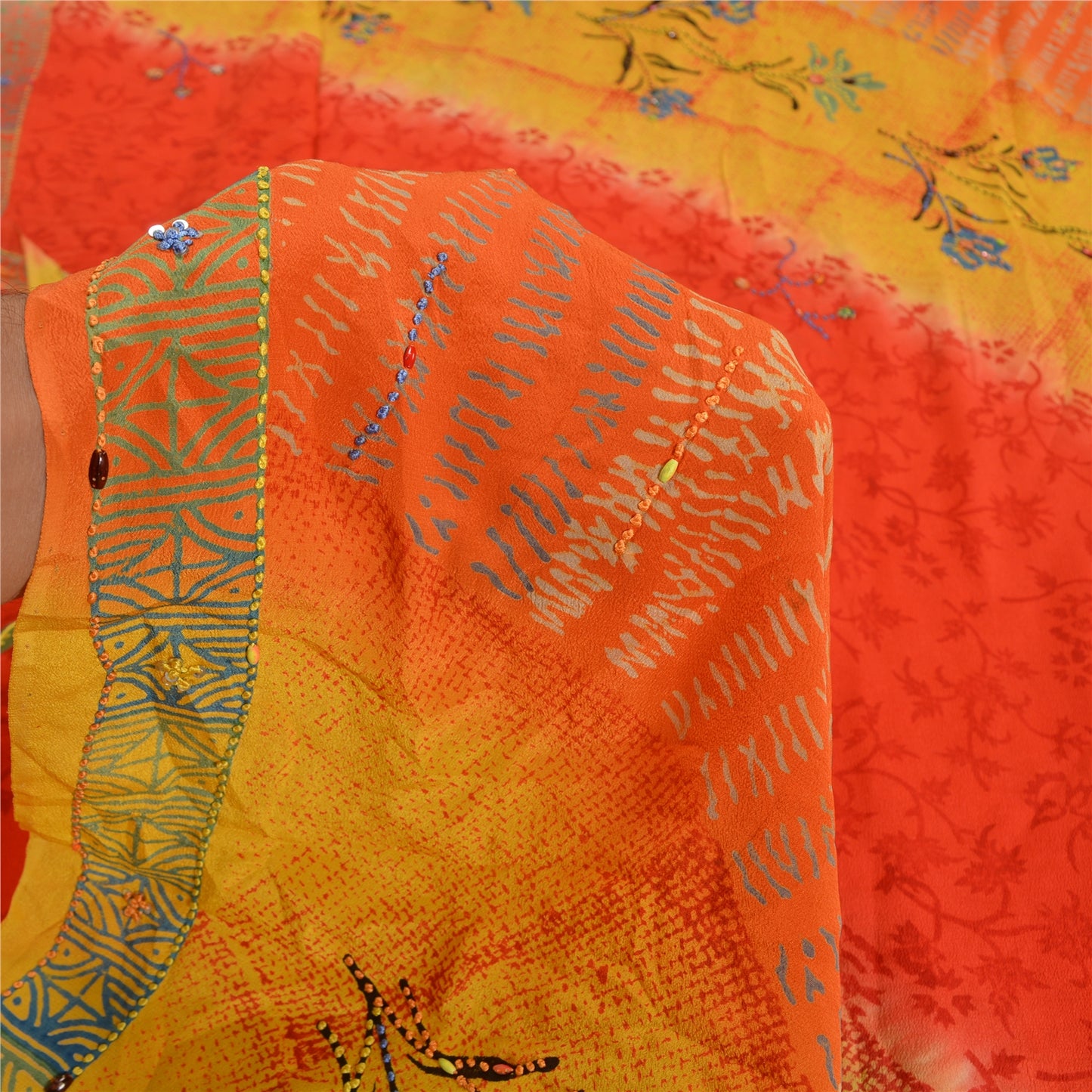 Sanskriti Vintage Sarees Red/Yellow Hand Beaded Printed Pure Crepe Sari Sustainable Fabric