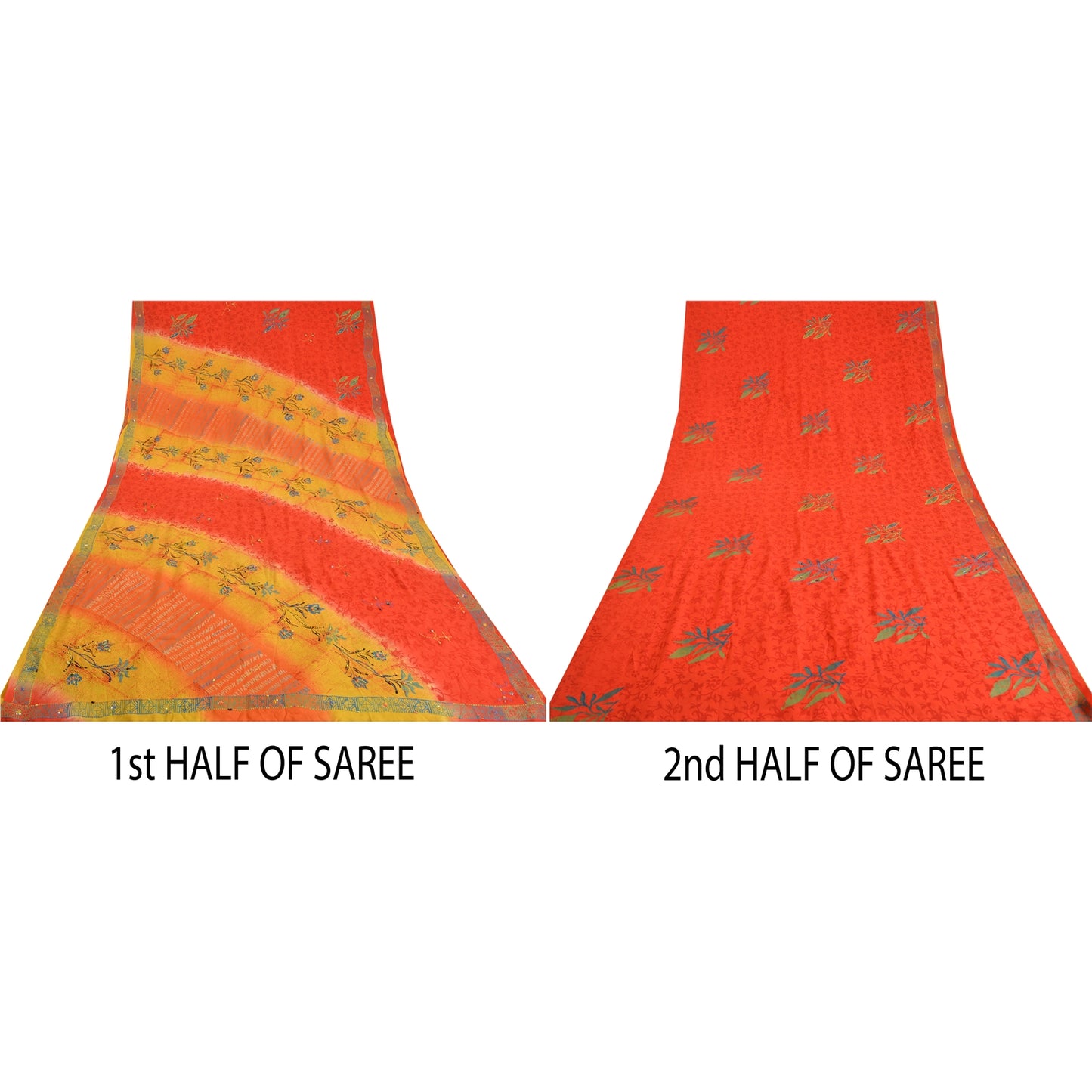 Sanskriti Vintage Sarees Red/Yellow Hand Beaded Printed Pure Crepe Sari Sustainable Fabric