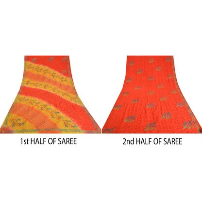 Sanskriti Vintage Sarees Red/Yellow Hand Beaded Printed Pure Crepe Sari Sustainable Fabric
