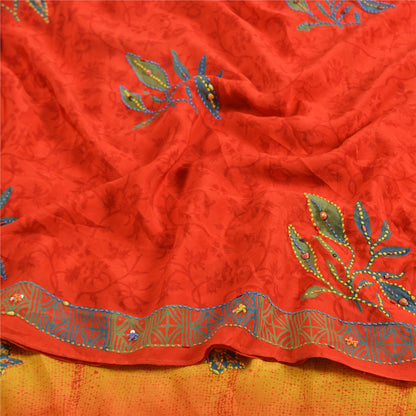Sanskriti Vintage Sarees Red/Yellow Hand Beaded Printed Pure Crepe Sari Sustainable Fabric