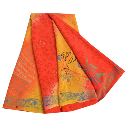 Sanskriti Vintage Sarees Red/Yellow Hand Beaded Printed Pure Crepe Sari Sustainable Fabric