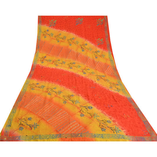 Sanskriti Vintage Sarees Red/Yellow Hand Beaded Printed Pure Crepe Sari Sustainable Fabric