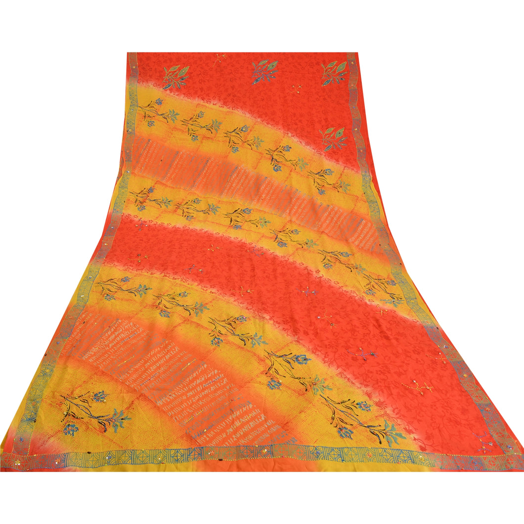 Sanskriti Vintage Sarees Red/Yellow Hand Beaded Printed Pure Crepe Sari Fabric