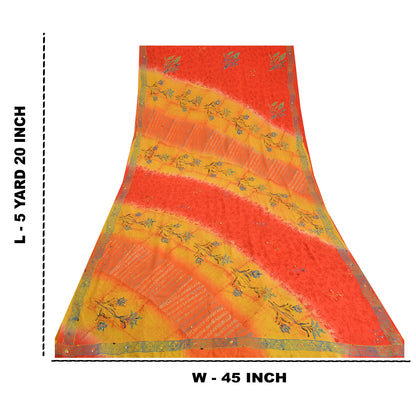 Sanskriti Vintage Sarees Red/Yellow Hand Beaded Printed Pure Crepe Sari Sustainable Fabric