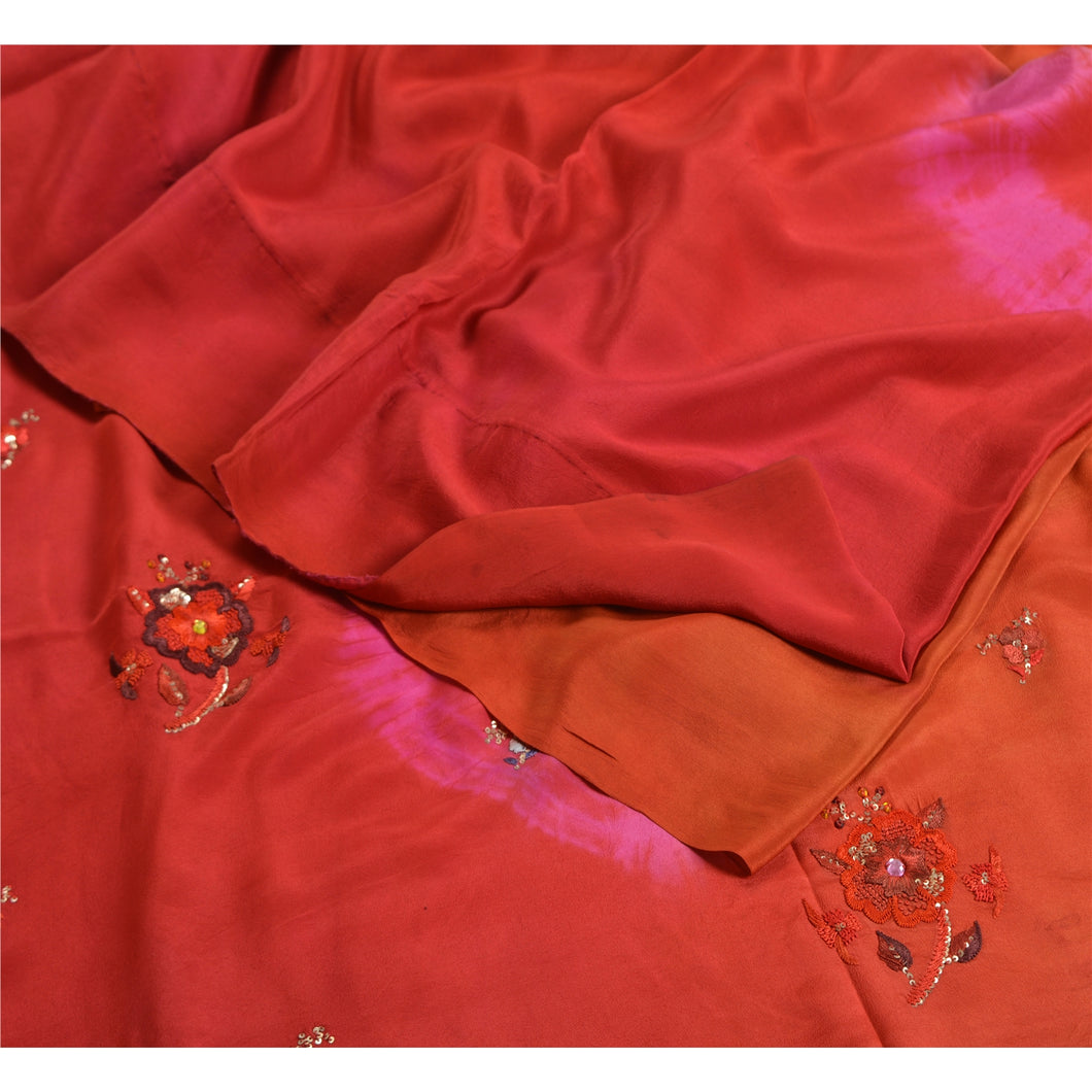 Sanskriti Vintage Sarees Orange/Red Hand Beaded Tie-Dye Pure Crepe Sari Fabric
