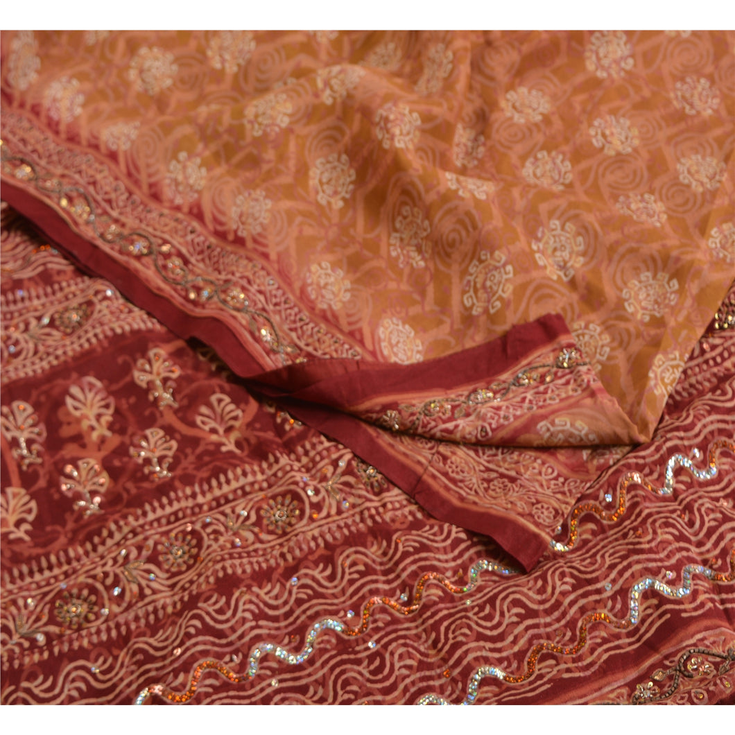Sanskriti Vintage Sarees Multi Hand Beaded Pure Crepe Silk Sari 5yd Craft Fabric