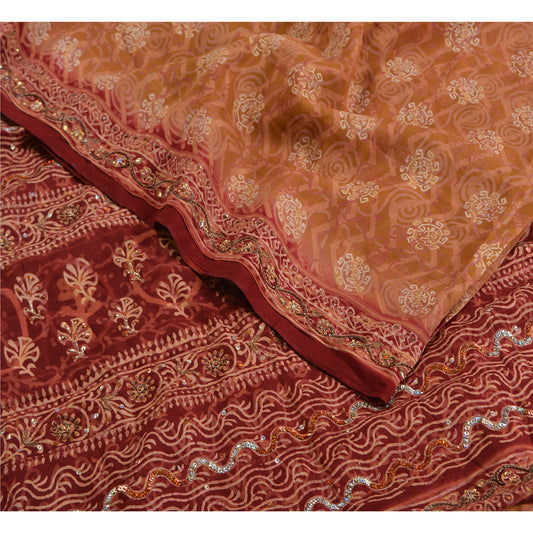 Sanskriti Vintage Sarees Multi Hand Beaded Pure Crepe Silk Sari 5yd Craft Sustainable Fabric