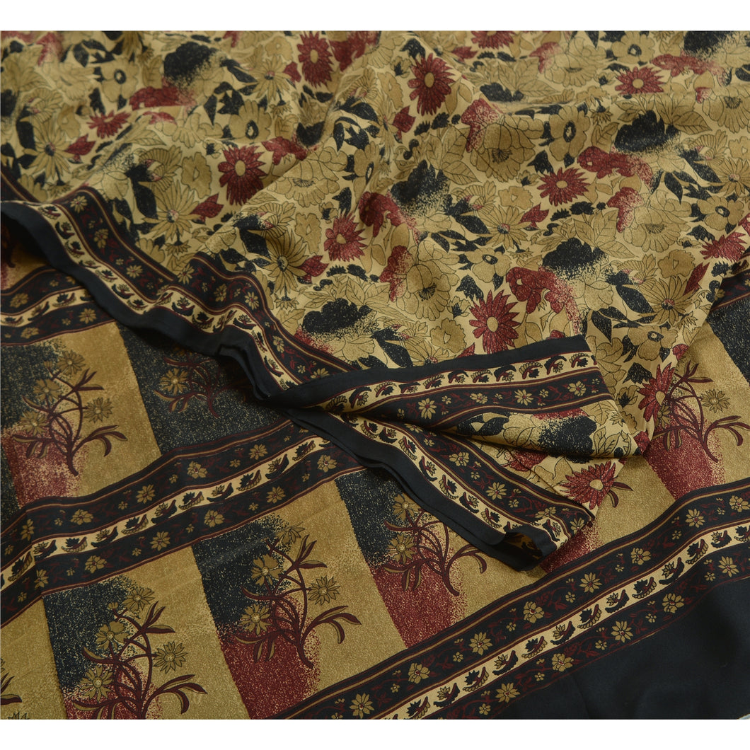 Sanskriti Vintage Sarees Indian Cream Pure Crepe Silk Printed Sari Craft Fabric