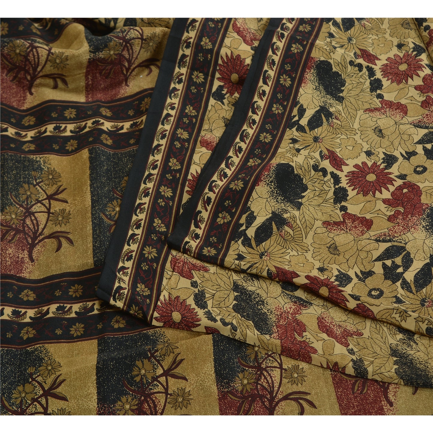 Sanskriti Vintage Sarees Indian Cream Pure Crepe Silk Printed Sari Craft Sustainable Fabric