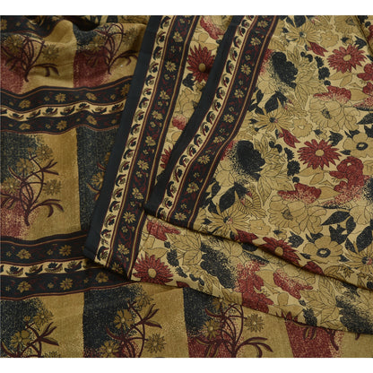 Sanskriti Vintage Sarees Indian Cream Pure Crepe Silk Printed Sari Craft Sustainable Fabric