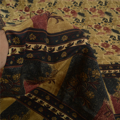 Sanskriti Vintage Sarees Indian Cream Pure Crepe Silk Printed Sari Craft Sustainable Fabric