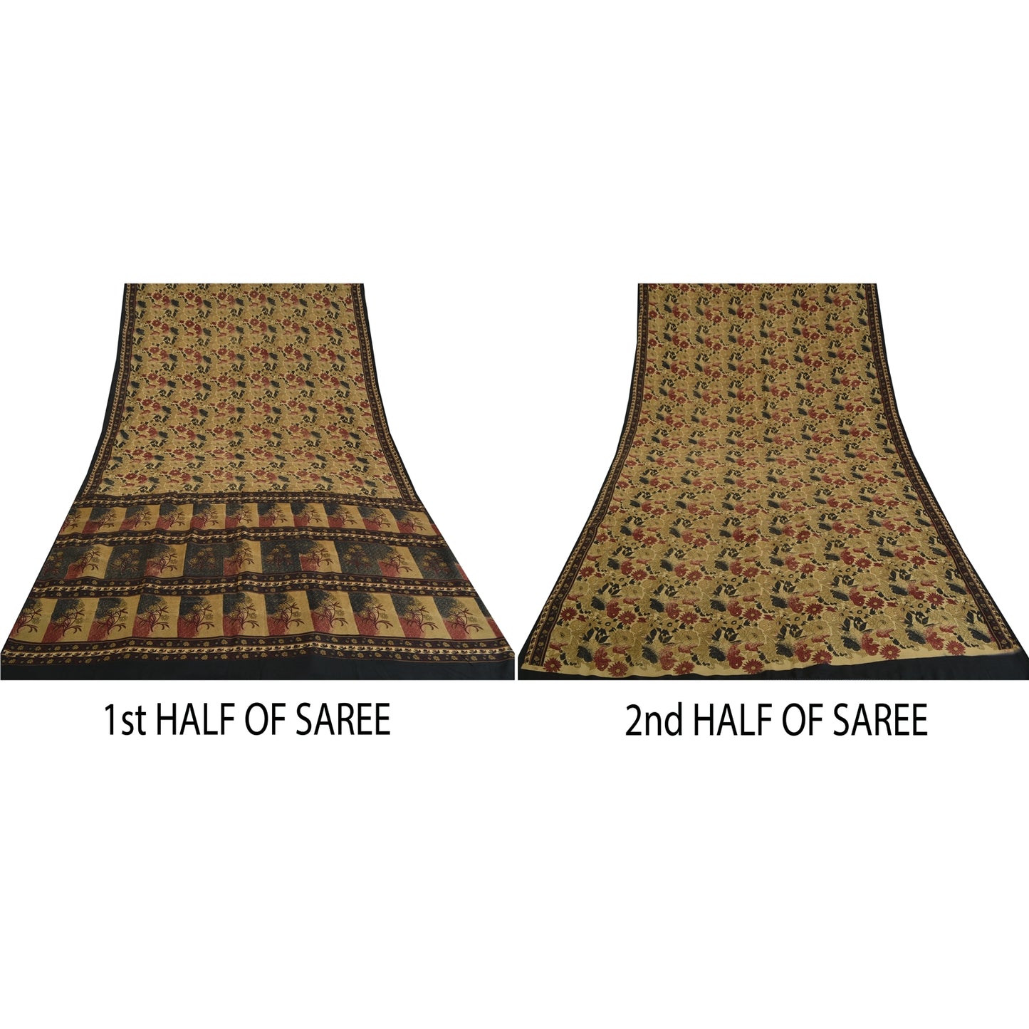 Sanskriti Vintage Sarees Indian Cream Pure Crepe Silk Printed Sari Craft Sustainable Fabric