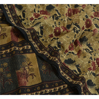 Sanskriti Vintage Sarees Indian Cream Pure Crepe Silk Printed Sari Craft Sustainable Fabric